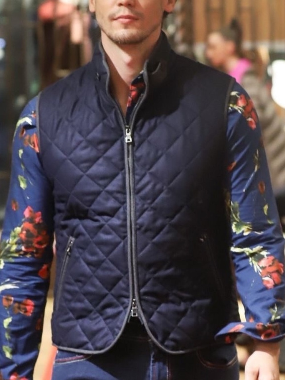 Waterville Italian Diamond Quilted Full Zip Men's Vest with Stand Collar - Navy - Picture 7 of 15